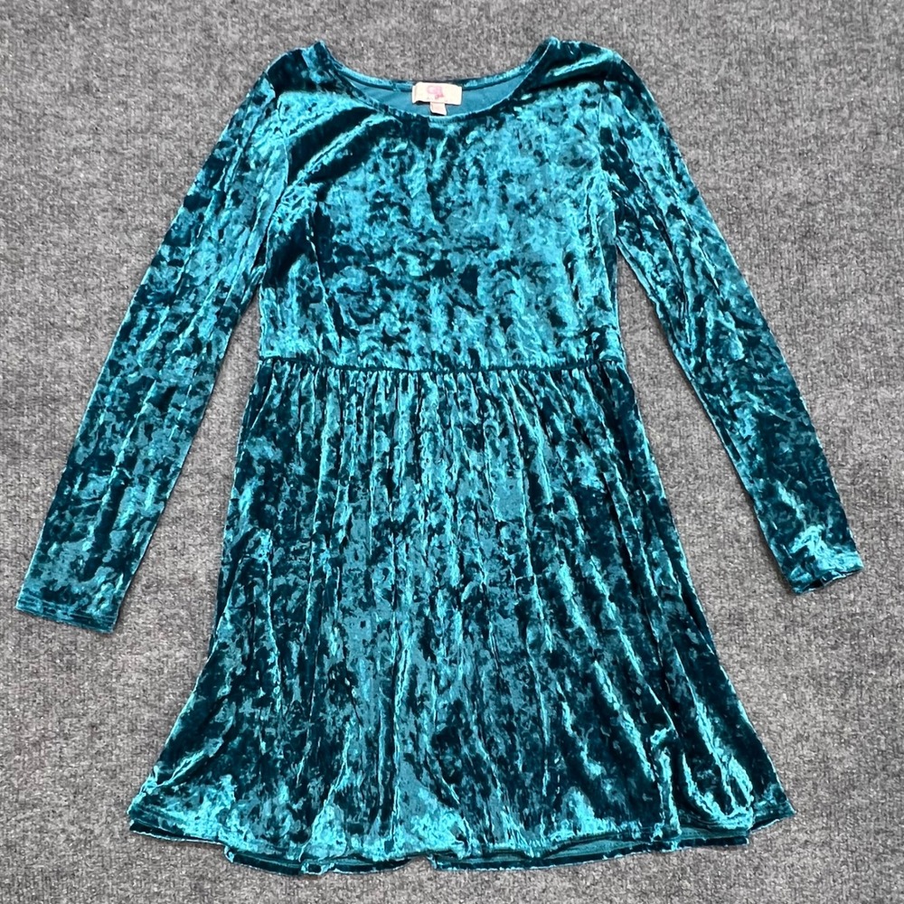 GB Girls Skater Dress Youth L Teal Crushed Velvet Long Sleeve